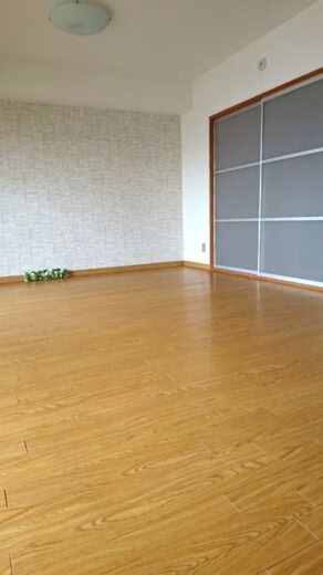 木目調フローリングとグレーの引き戸があるルミエール402の室内風景