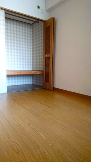 木目調の床とチェック柄クロスの収納スペースがあるルミエール402の室内