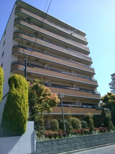 8階建てのブラウンタイル外壁と植栽があるルミエールのマンション外観